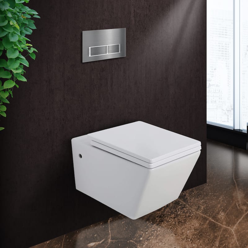 Toilet Combo Set - Toilet Bowl With Soft-Close Seat, 2"x 4" Concealed Tank And Carrier System, Push Buttons Included. - Chrome Rectangular - Push Plates (Plastic)