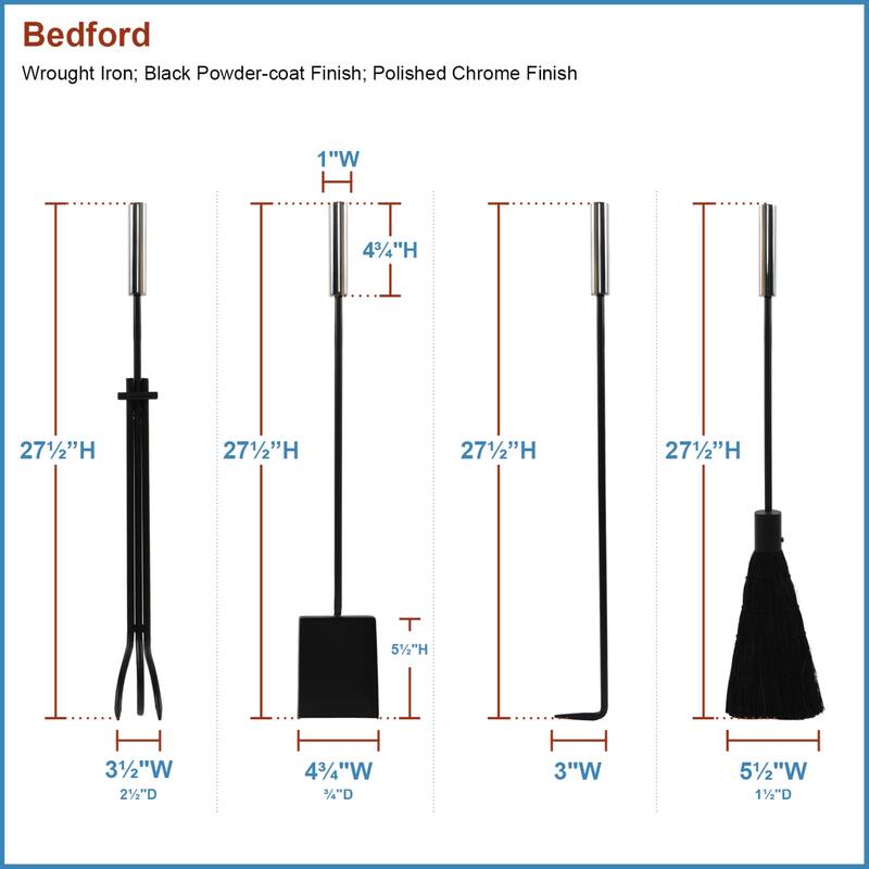 Achla Designs Contemporary Bedford Fireplace Set of 4 Tools, 30.25 Inch Tall, Black