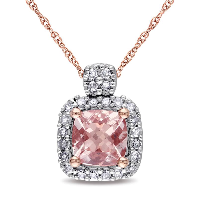 Miadora 10k Rose Gold Cushion-cut Morganite and 1/10ct TDW Diamond Halo Necklace (G-H, I1-I2)