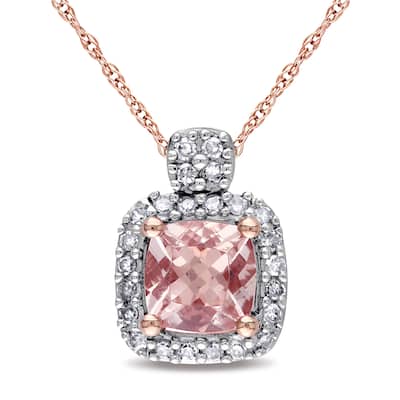 Miadora 10k Rose Gold Cushion-cut Morganite and 1/10ct TDW Diamond Halo Necklace (G-H, I1-I2)