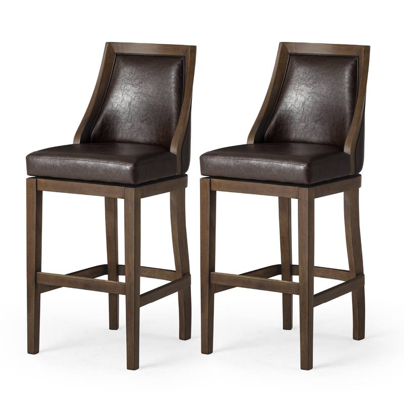 Maven Lane Vienna Swivel Kitchen Stool - Set of 2 - Walnut Vegan Leather - Bar Height