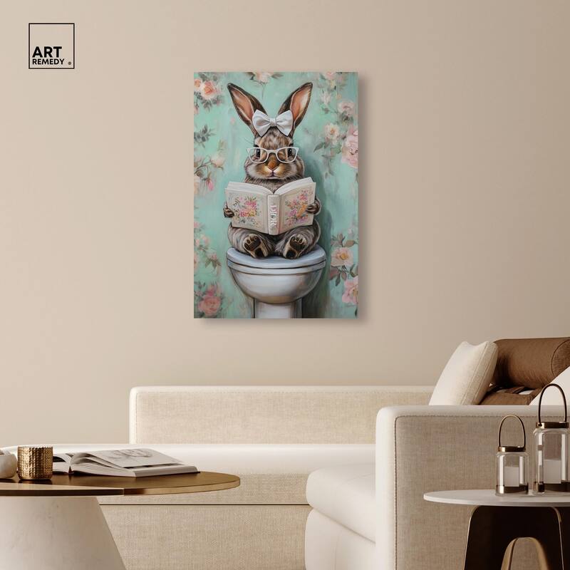 Petite Floral Toilet Bunny Canvas by Art Remedy, Gallery Wrapped