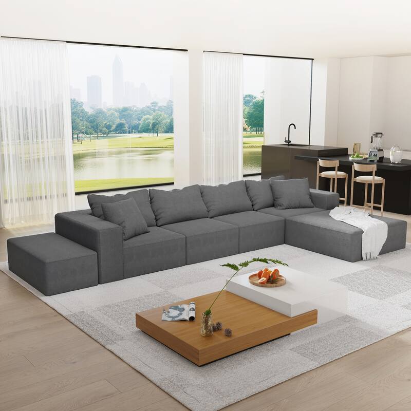 Floor Upholstered Sectional Sofa Modular L Shaped Couch Set with 6 Pillows and Ottomans, Living Room Sleeper Sofa Bed