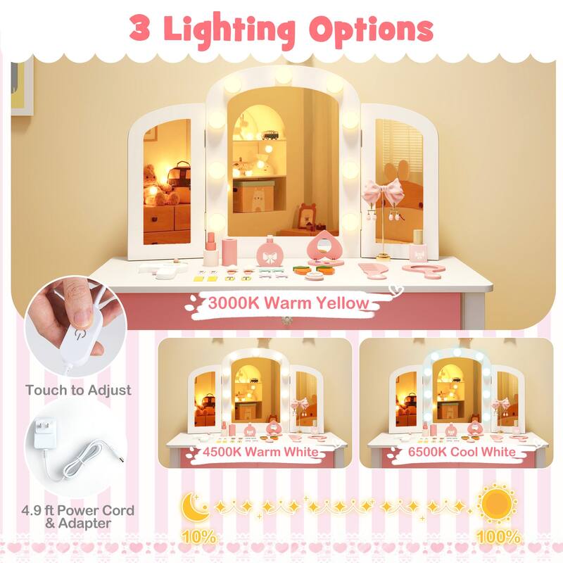 Gymax Kids Vanity Table Set 2-in-1 Princess Makeup Dressing Desk