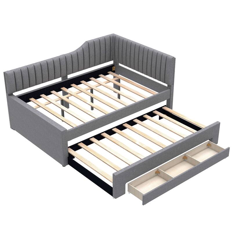 Upholstered Linen Bed Frame, Full Size Daybed with Pull-out Trundle and Storage Three Drawers for Bedroom/Apartment