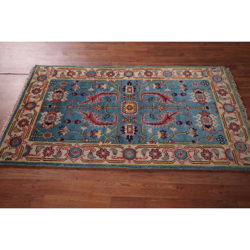 Light Blue Oushak Indian Accent Rug Handmade Wool Carpet - 2'11" X 5'0"
