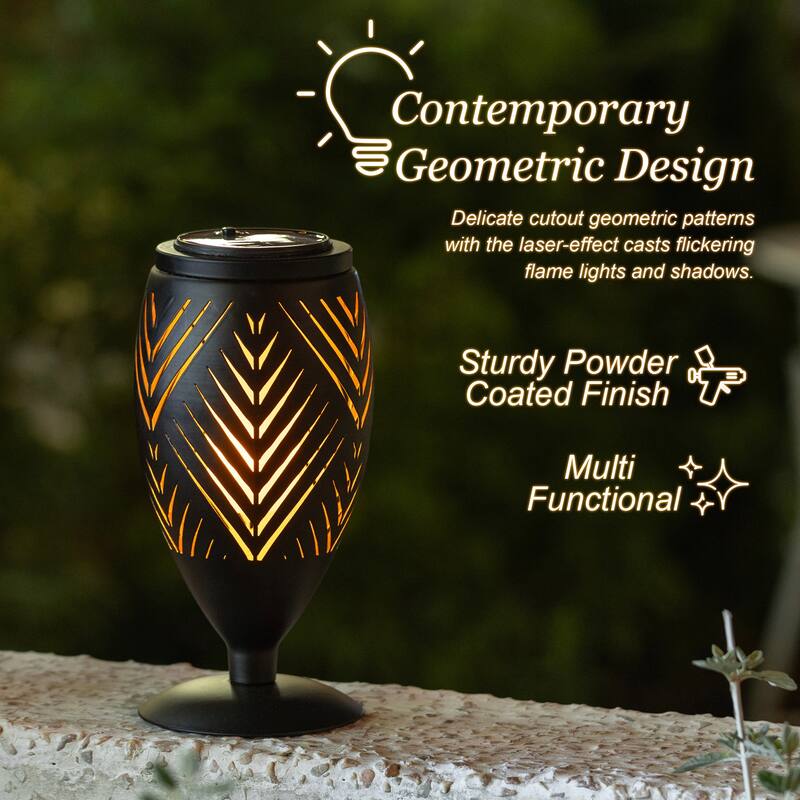 Glitzhome 8.75"H Set of 2 Black Metal Cutout Geometric Pattern Solar Powered Outdoor Lantern with LED Light