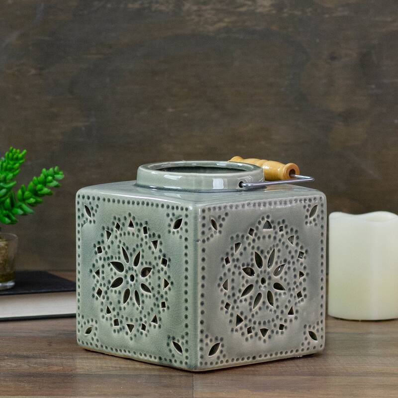 6.75" Light Olive Green Square Crackle Finish Mosaic Cut Out Lantern