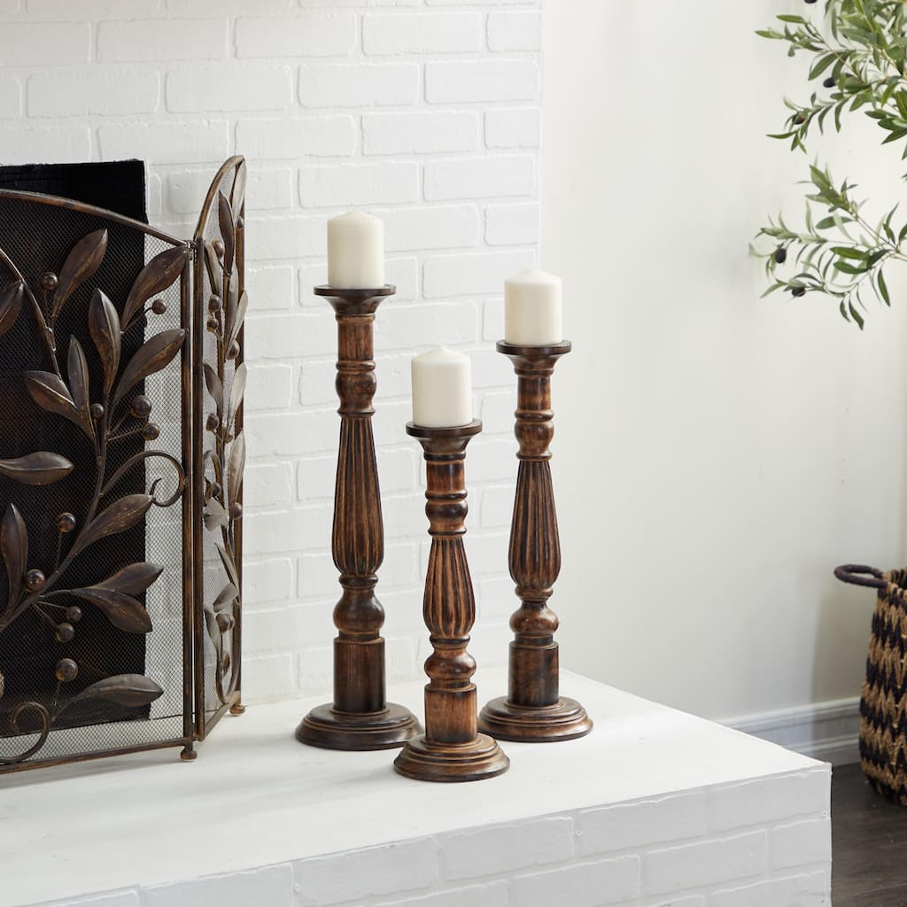 Brown Mango Wood Tall Turned Decorative Candle Holder (Set of 3)