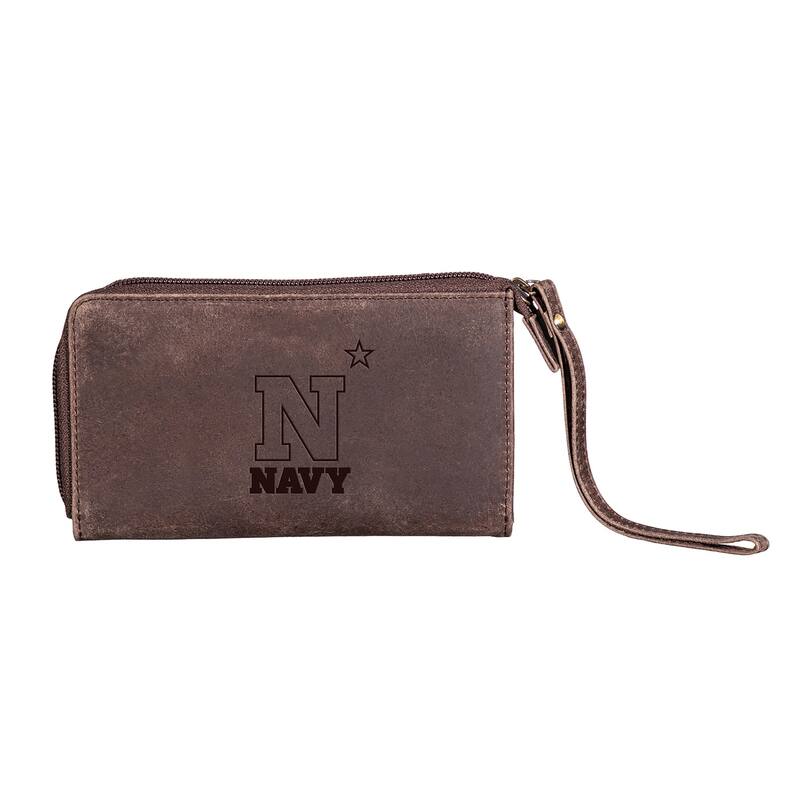 Brown Leather Cell Phone Wristlet Wallet, US Naval Academy - 4" x 7"
