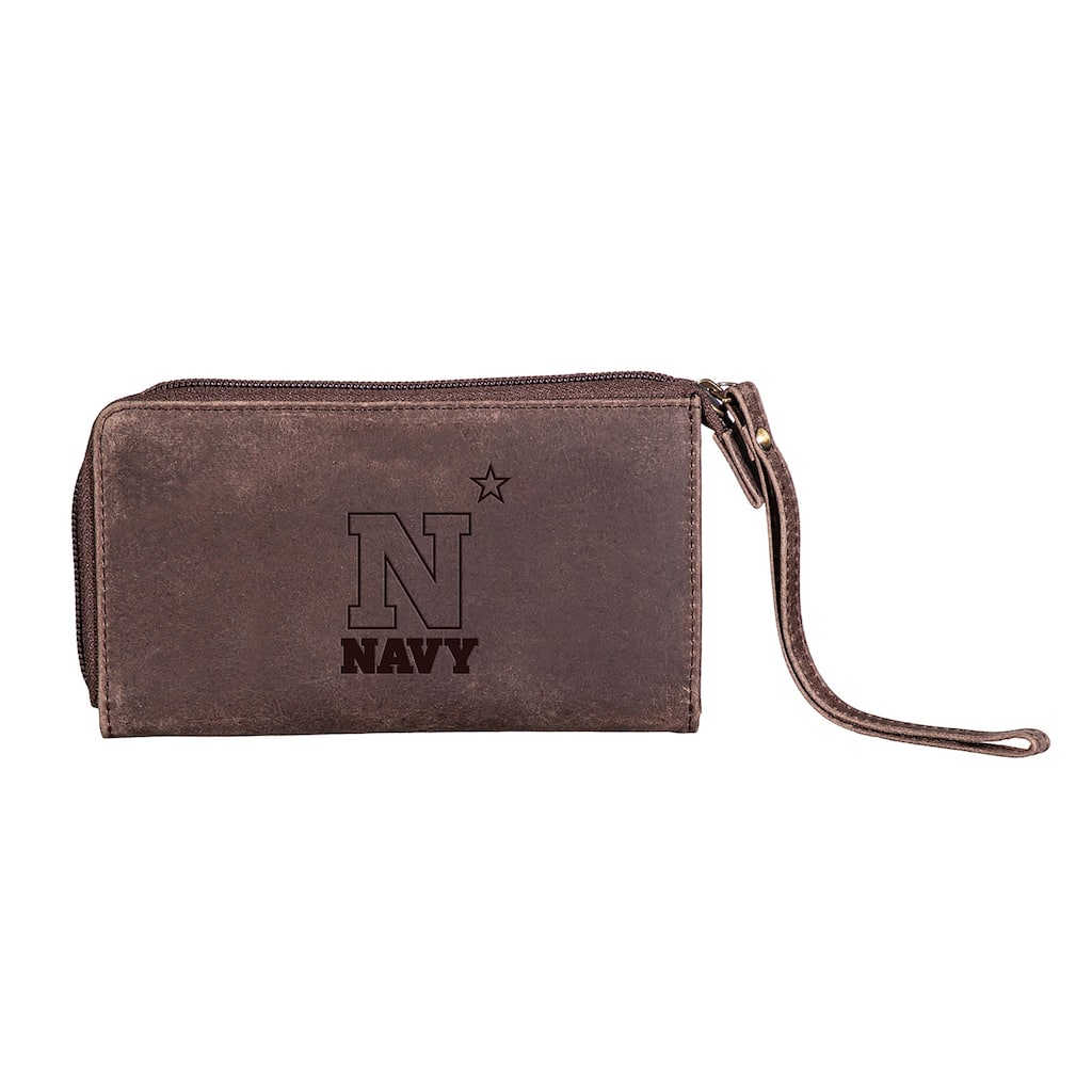 Brown Leather Cell Phone Wristlet Wallet, US Naval Academy - 4" x 7"