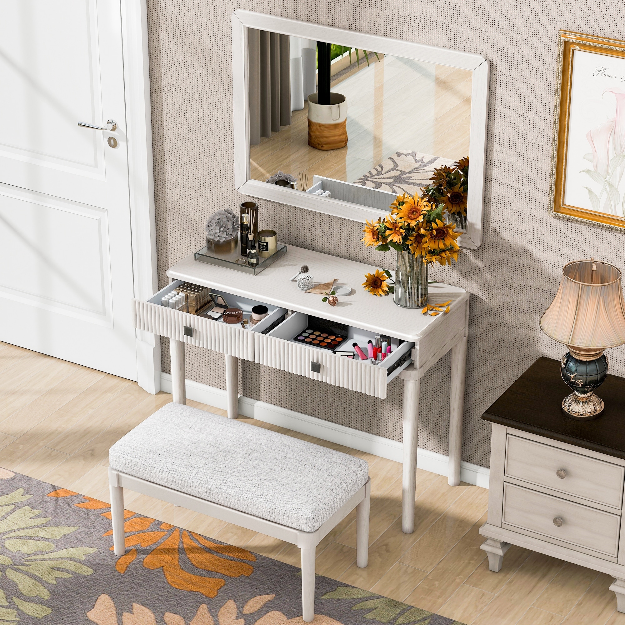 Modern Vanity Desk With Mirror, Adult Makeup Table Set With Stool, Home Office Desk, 2 Large Drawers, White