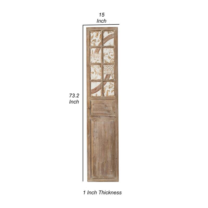 Hry 73 Inch Decorative Wood Panel, Tile Accents with Floral Leaf, Brown