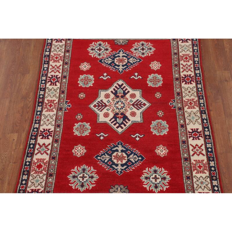 Kazak Accent Rug Hand-Knotted Red Geometric Wool Carpet - 3'4" x 5'0"