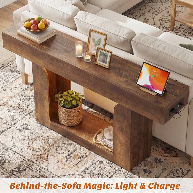 63'' W Farmhouse Console Table with Chaging Station, Thick Sofa/ Entryway Table with Storage Shlef