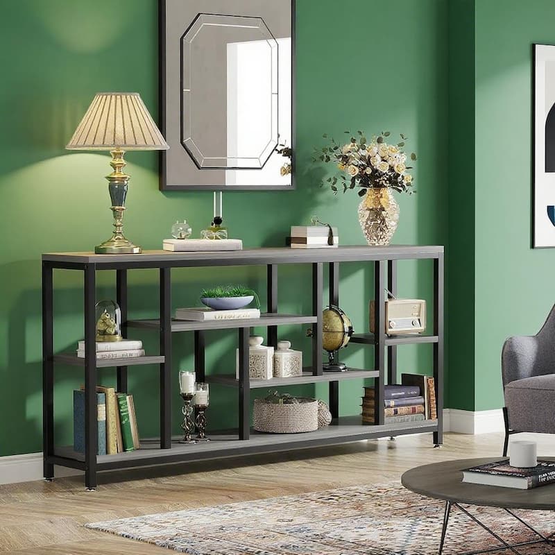 Industrial Console Table with Wood Top and Black Metal Frame Multi Tier Narrow Sofa Entryway Hallway Table