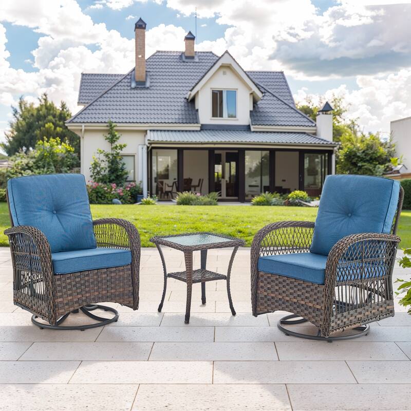 Gymojoy Patio Furniture Set Outdoor Wicker Swivel Glider Chairs Set - 3-Piece - Brown Wicker / Navy Cushion