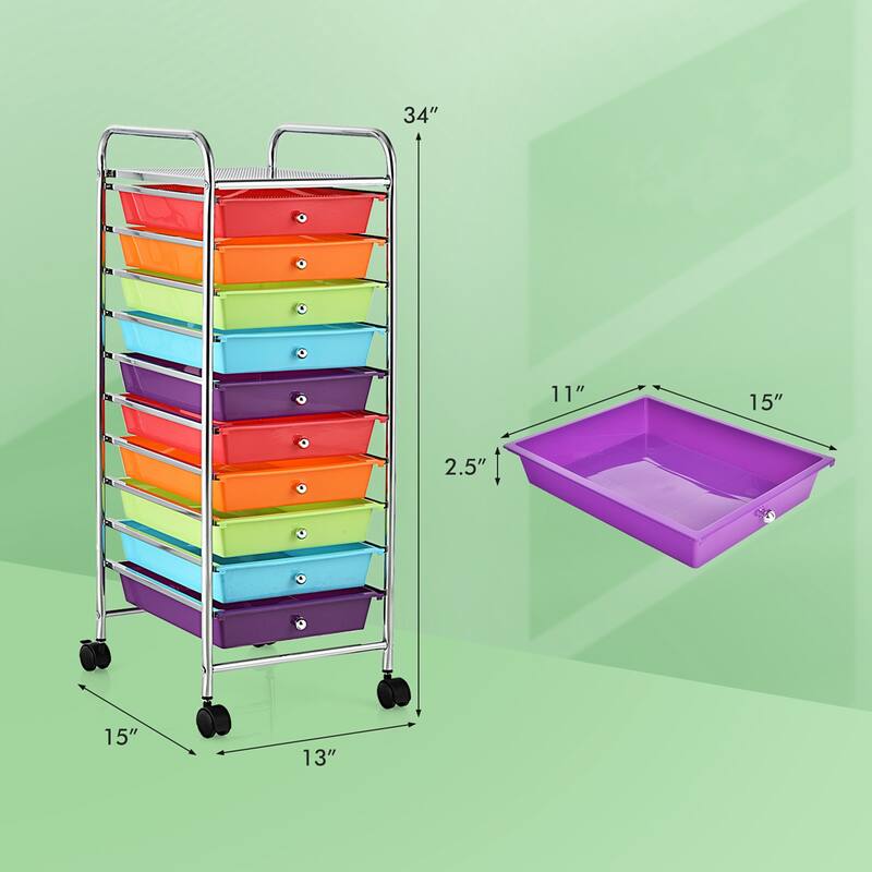 Costway 10 Drawer Rolling Storage Cart Scrapbook Office School - Multi - See Details