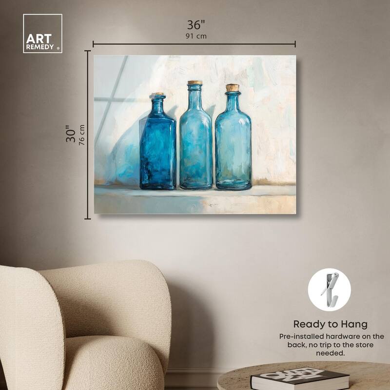 Three Blue Bottles Acrylic by Art Remedy, Ready to Hang