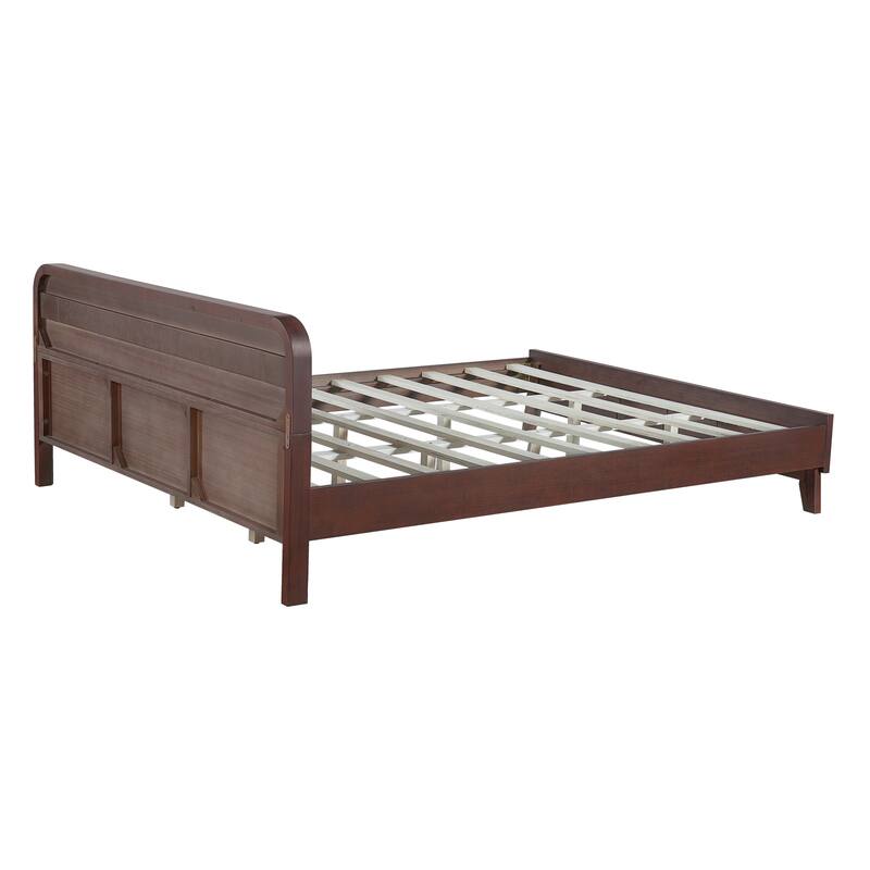 Rustic Pine Wood Bed Frame Low-Profile Platform Bed with Panel Headboard Solid Wood Slat Support and Extra Wide Thickened Legs