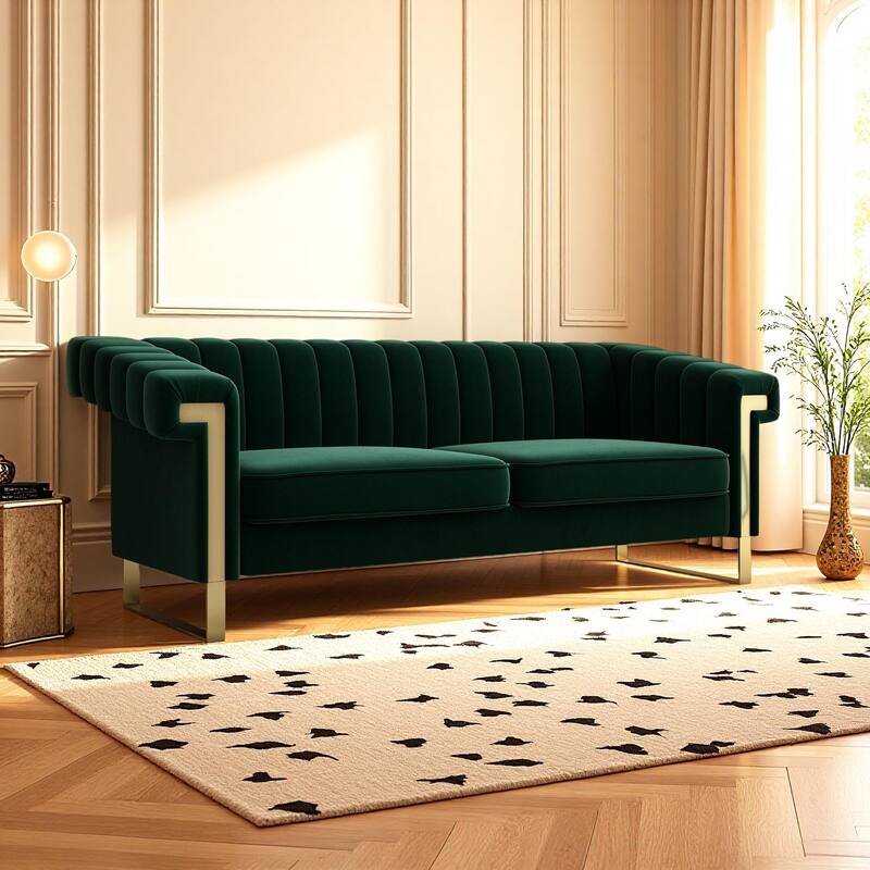 Leisure Sofa with Stainless Steel Metal Accents, Retro Green Velvet Upholstered Seat with Removable Cushions, Bedroom Loveseat