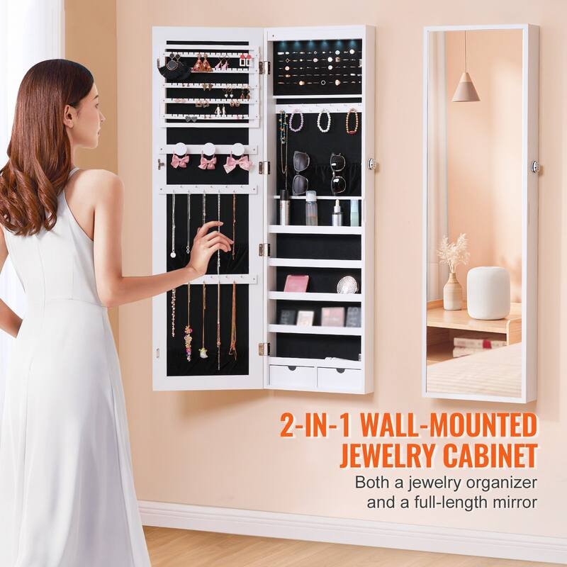 2-in-1 Full Length Mirror Jewelry Cabinet Armoire Wall Door Mounted Organizer with Lock - 14.6 x 3.9 x 47.5in