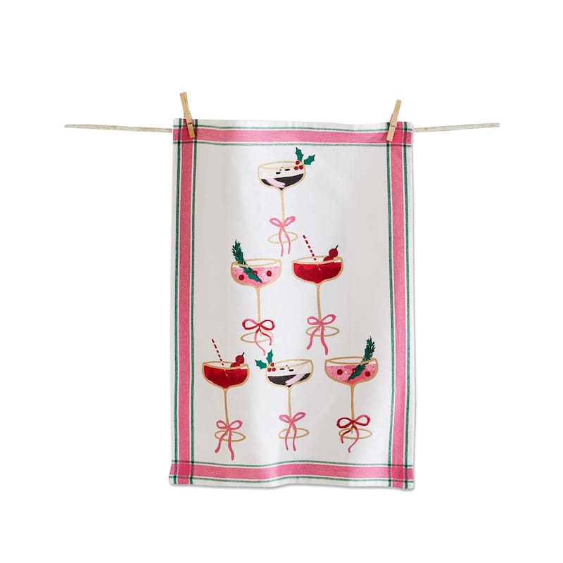 Cocktail Tower Dishtowel - White Multi Cotton Kitchen Towels for Christmas, Machine Washable, 26" x 18"