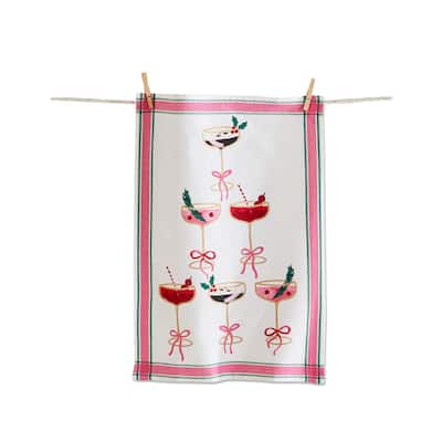 Cocktail Tower Dishtowel - White Multi Cotton Kitchen Towels for Christmas, Machine Washable, 26" x 18"