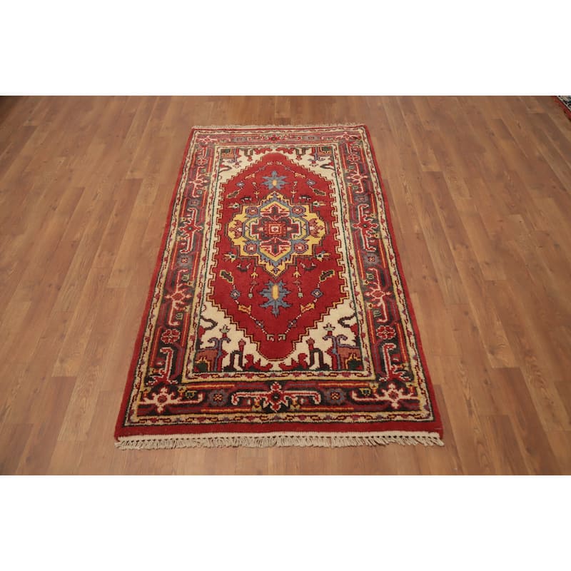 Hand Knotted Oriental 100% Wool Carpet Traditional Geometric Red Heriz (serapi) Area Rug - 5' 2'' X 2' 11''