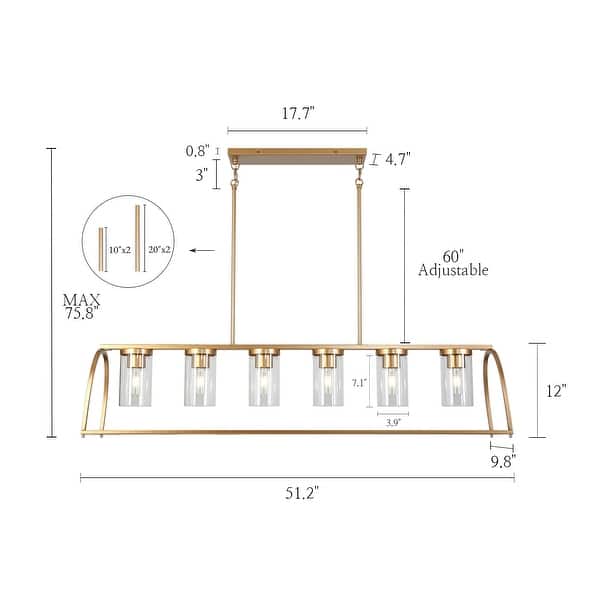 Modern Lantern 6-Light Island Farmhouse Chandelier Linear Pendant with Cylinder Glass - 51.2"W x 9.8"D x 25.8" - 75.8"H