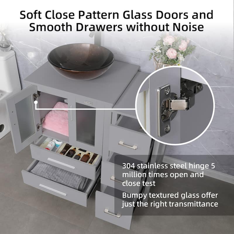 36" Bathroom Vanity Sink Gray Set with Side Cabinet Vessel Sink Faucet Combo