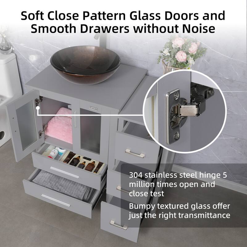 36" Bathroom Vanity Sink Gray Set with Side Cabinet Vessel Sink Mirror Faucet Combo