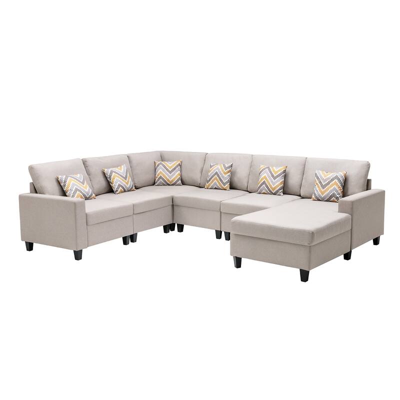 Linen Fabric 6 Piece Reversible Chaise Sectional Sofa with 6 Pillows and Interchangeable Legs