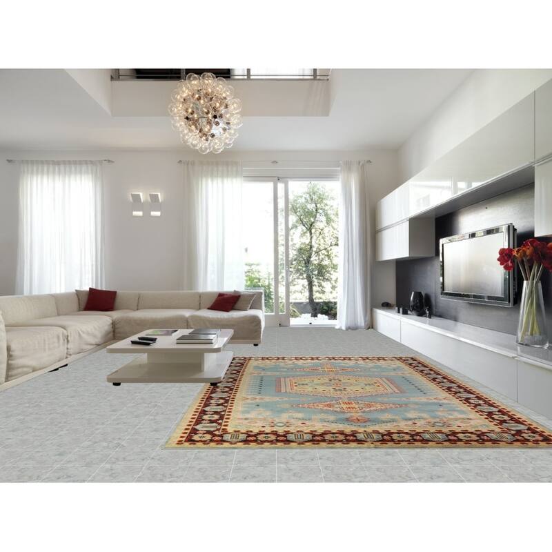 Light Blue Geometric Viss Oriental Large Rug Handmade Wool Carpet - 9'9" x 13'9"