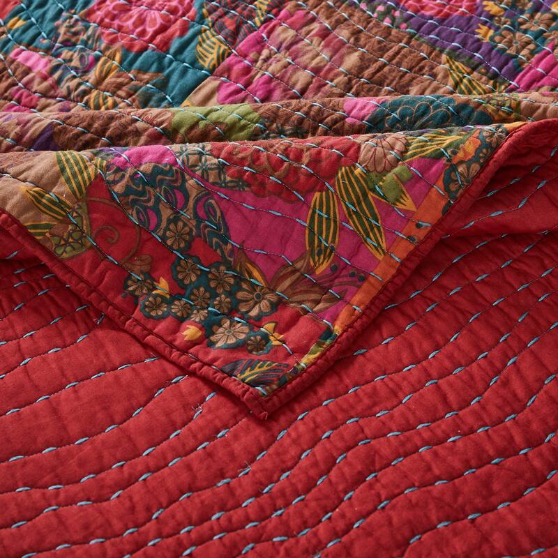 Greenland Home Fashions Jewel 100% Cotton Kantha-Style Boho Floral Quilt Set
