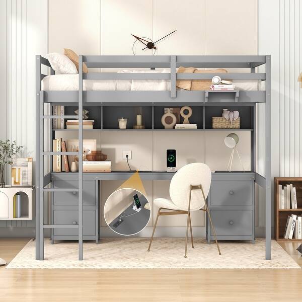 slide 2 of 17, Full Size Loft Bed with Desk and 4 Drawers, Wood Guardrail Bed with Bedside Tray Multiple Storage Design, Charging Station Gray
