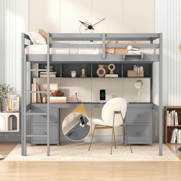 slide 2 of 34, Full Size Wood Loft Bed w/Desk, Cabinets, Drawers, Charging Station Gray