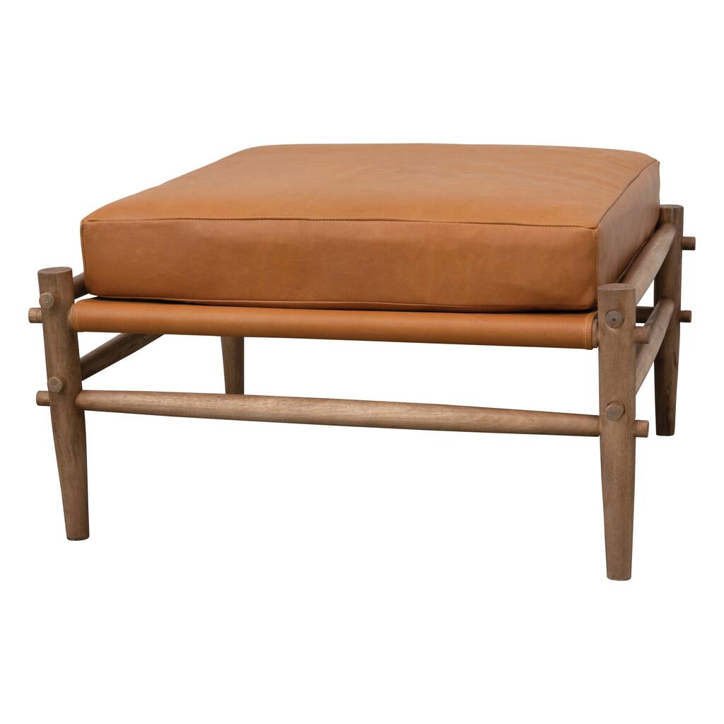 Square Wood Ottoman with Leather Cushion