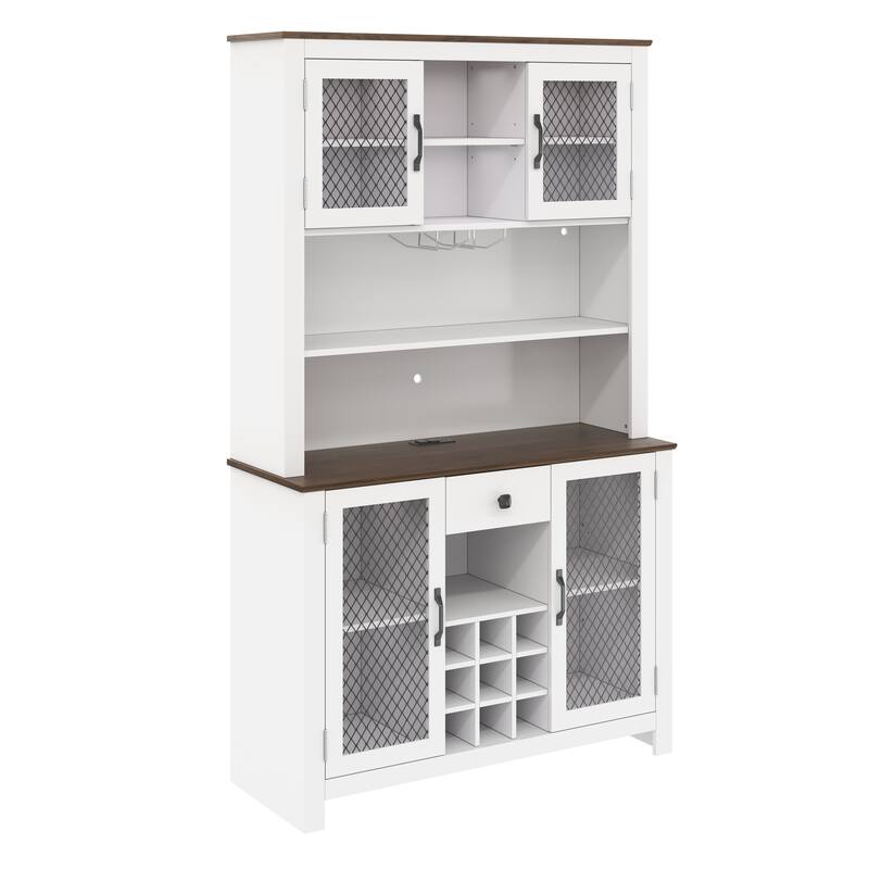 Kitchen Pantry Cabinet with LED Light, Built-in Power & USB Outlets, Kitchen Hutch Cabinet with Doors, Wine Rack & Shelves