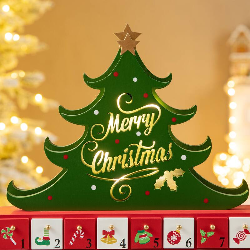 Glitzhome 15.25"H Lighted Wooden Christmas Tree Advent Calendar Decor - Multicolor