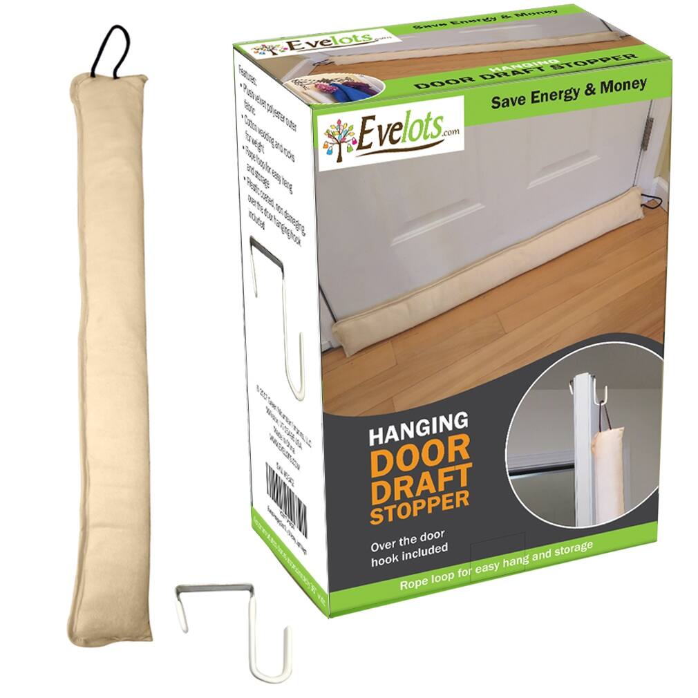 Evelots Door Window Draft Stopper-Block Cold,Heat-with Door Hook-Hang Cord-Beige