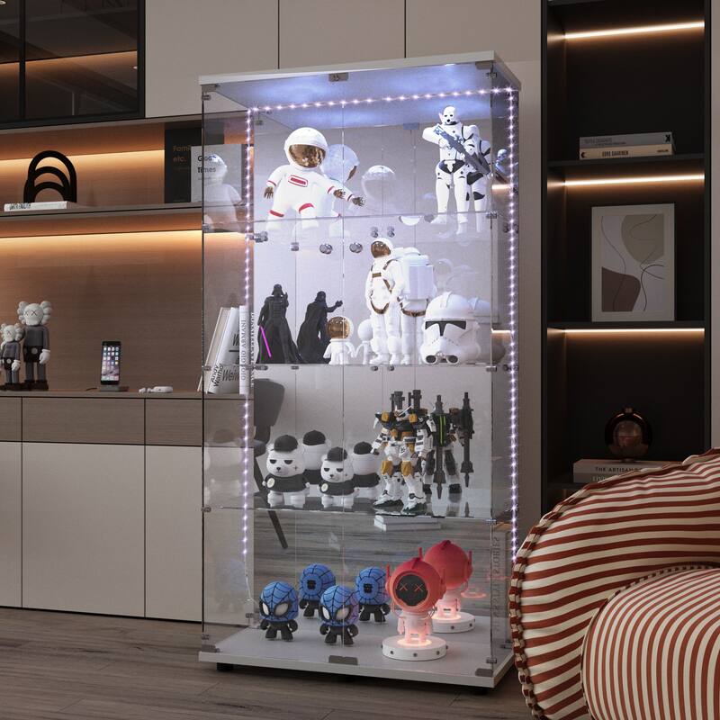 65" Tempered Glass Display Cabinet with Mirror Back, Bluetooth LED Lights, Lockable Doors, Liquor & Storage Cabinet