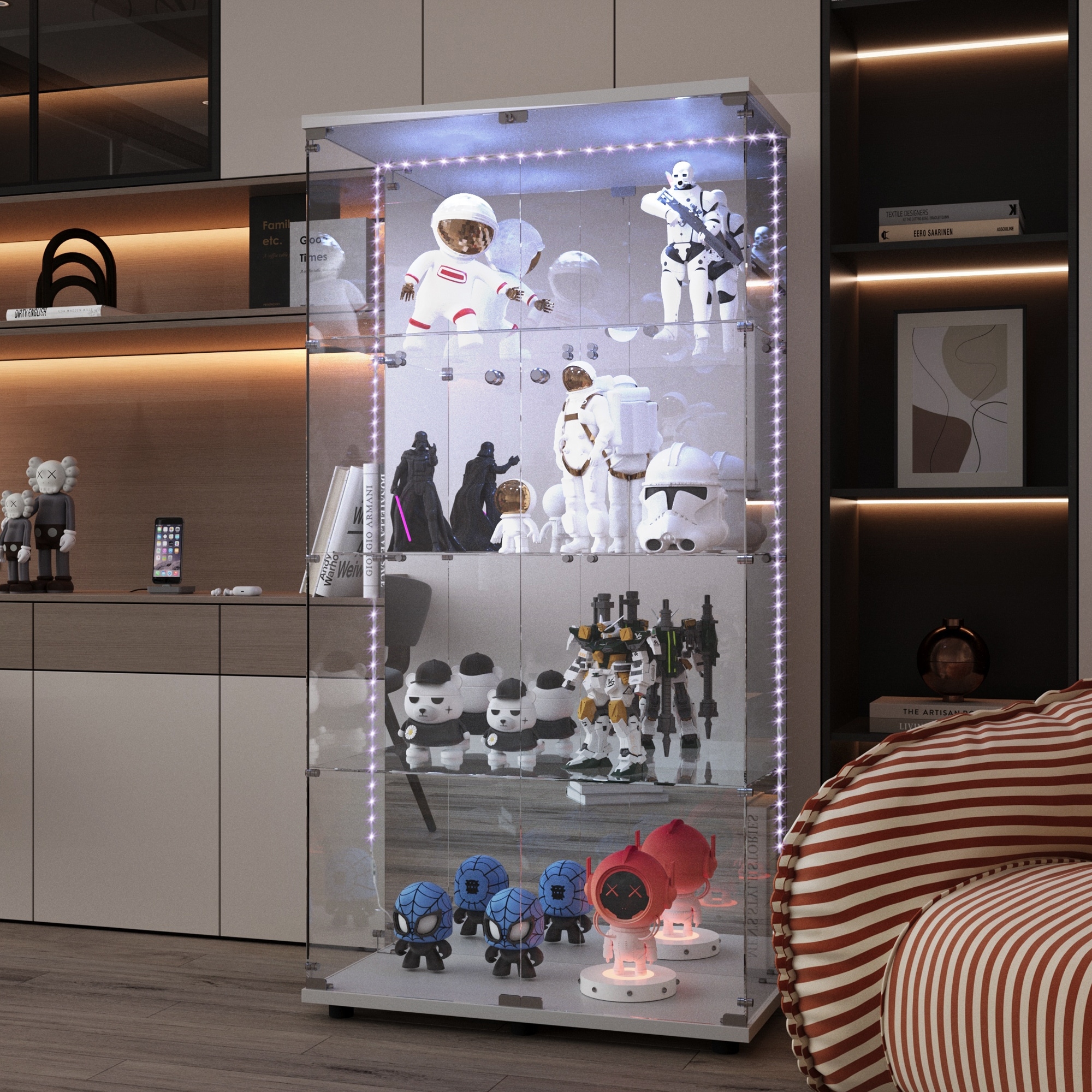 Tempered Glass Display Cabinet With Bluetooth LED Strip Light And Mirror