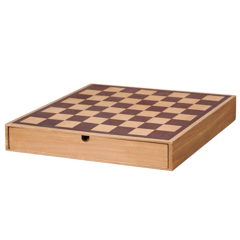 American Art Decor Wood Chess & Checkers Board Game Set with Drawer Tabletop Decor - 2.5" H x 16" L x 16" D