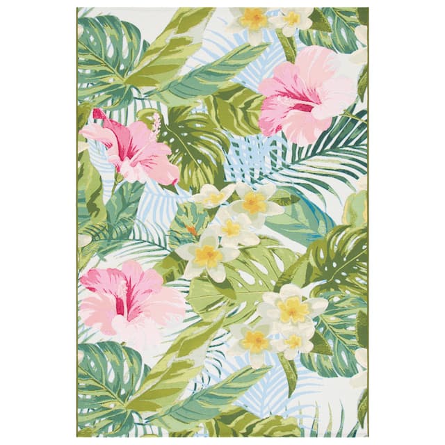 SAFAVIEH Barbados Zalja Tropical Indoor/ Outdoor Waterproof Patio Backyard Rug - 5' Square - Green/Pink