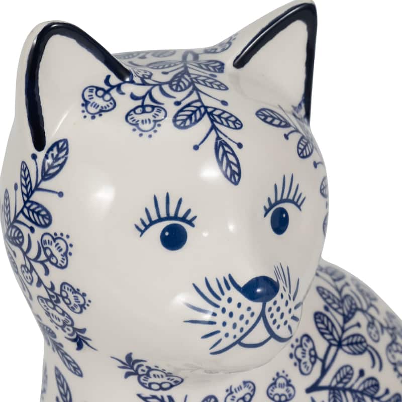 Ceramic Cat Sculpture Contemporary Vintage Style Chinoiserie Blue and White Floral Cat Statue Cat Lover