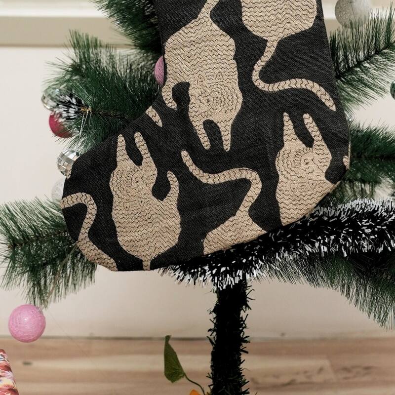 Fabdivine Handmade Floral Christmas Stockings Linen Block Print Décor - 10"X4.5" - Mushak- Black - Christmas Stockings