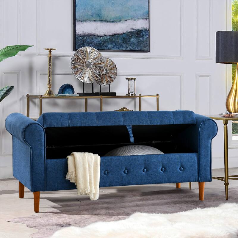 62" Bedroom Tufted Button Storage Bench Linen Upholstered Ottoman