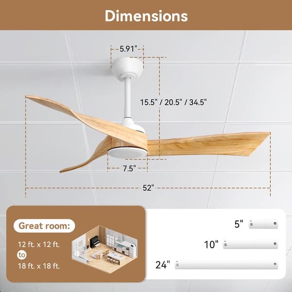 dimension image slide 3 of 13, Sofucor 48/52 Inch Solid Wood Ceiling Fan with Light Optional, 6-Speed Reversible DC Motor and Remote control,Smart Optional