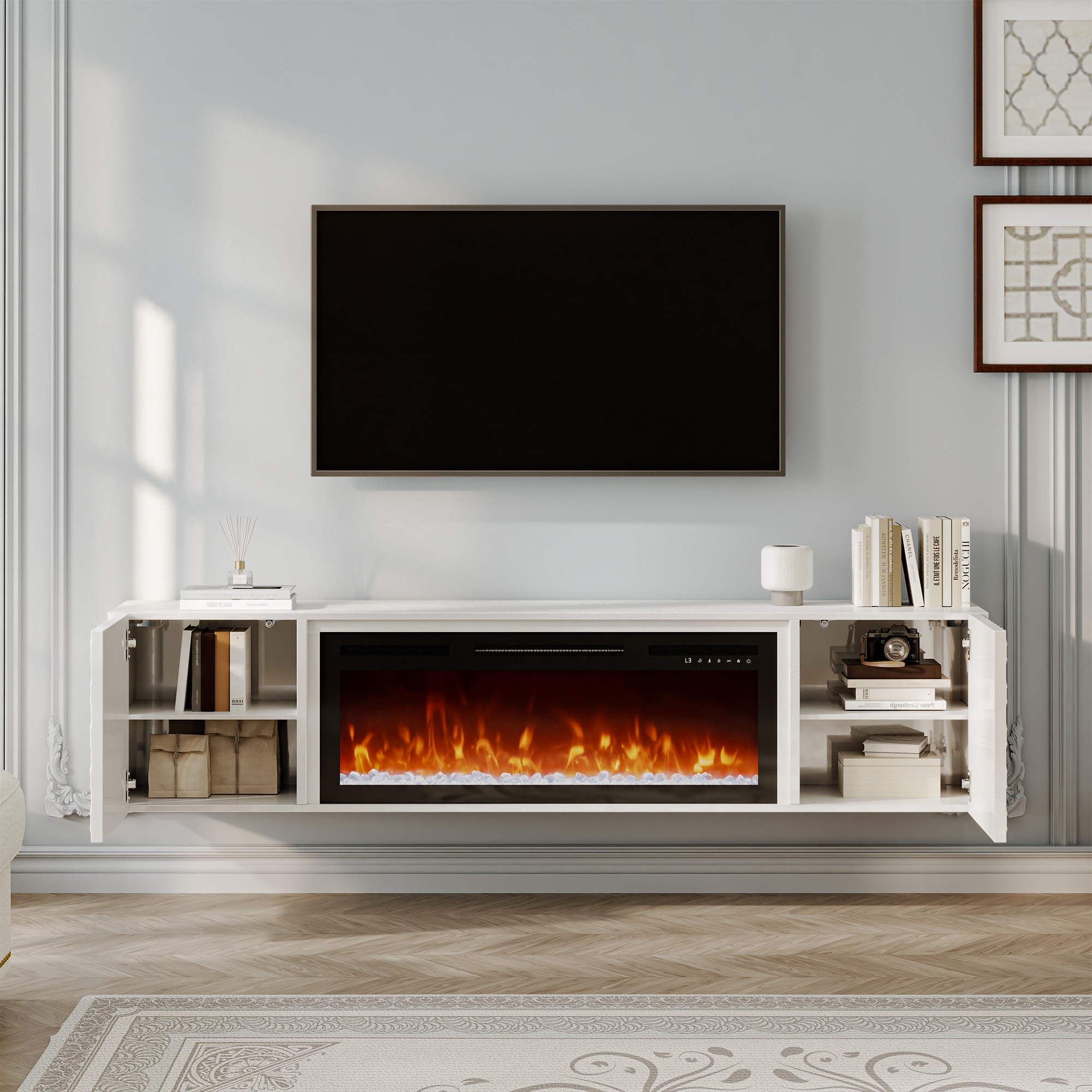 67 MDF Wall Mounted TV Stand with 36 Electric Fireplace Black